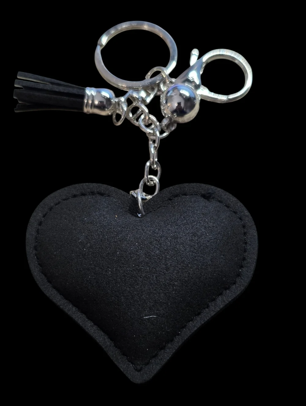 Rhinestone Heart Baseball Stitch Bag Charm Keychain - Black and Silver